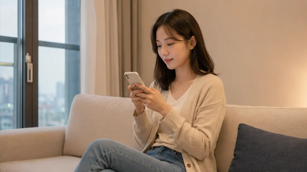 같은 청라 자택 거실에서 로컬 에디터 하린이 휴대전화로 주소와 공동현관 방식, 종아리 상태를 상담하는 장면
