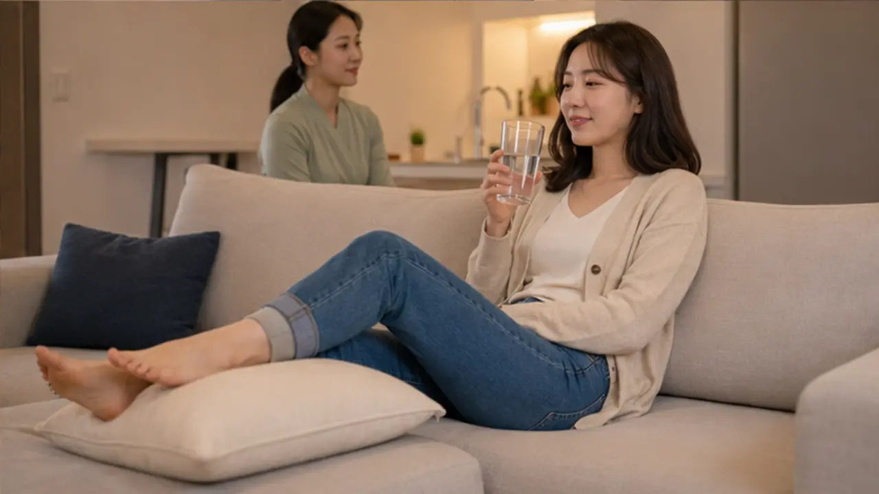 관리를 마친 로컬 에디터 하린이 같은 청라 자택 소파에서 다리를 쿠션에 올리고 물을 마시며 쉬는 장면