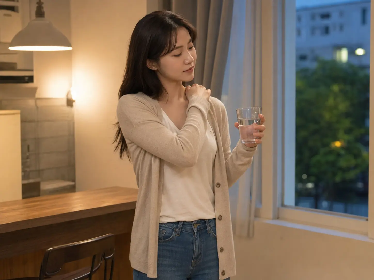 인천 청라 청라1동 숙소에서 홈케어를 마친 뒤 물을 마시며 쉬는 로컬 에디터 하람