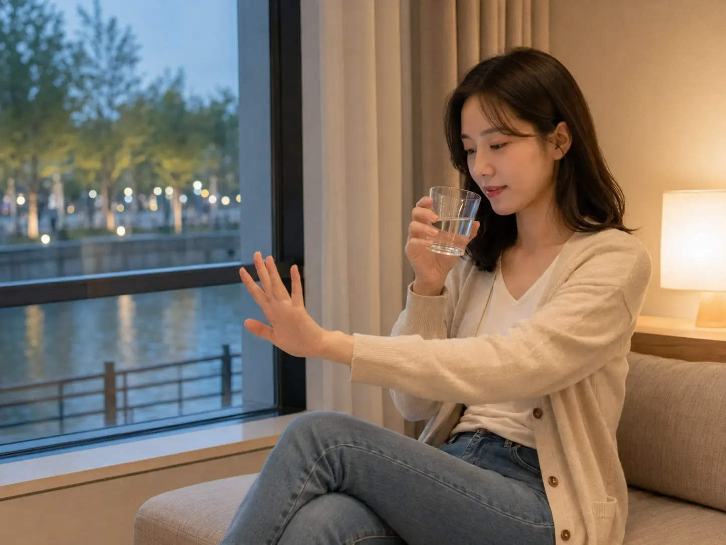 인천 청라 커낼웨이 숙소에서 홈케어를 마친 뒤 물을 마시며 쉬는 로컬 에디터 지안