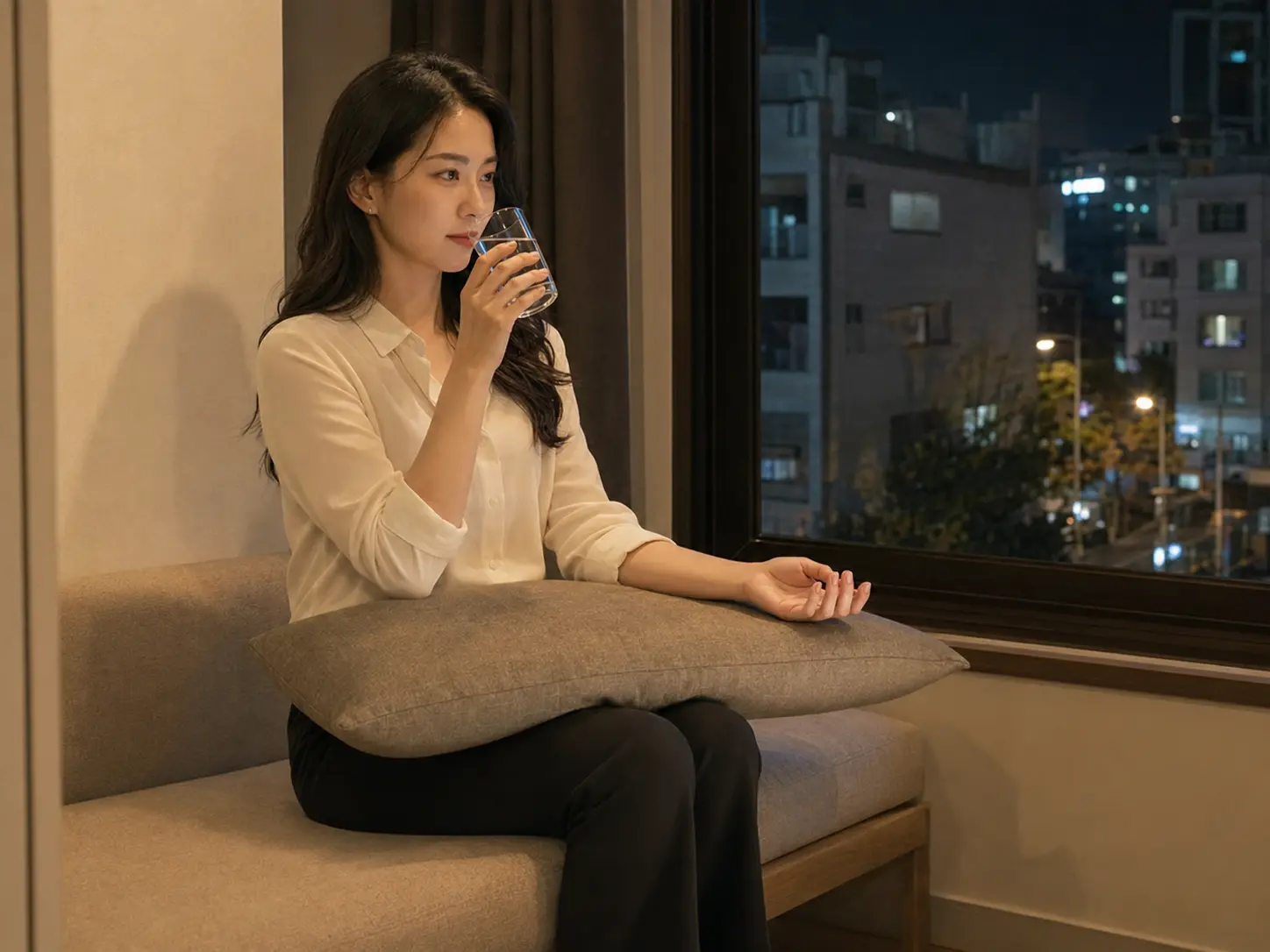 인천 구월동 구월3동 숙소에서 홈케어를 마친 뒤 물을 마시며 쉬는 로컬 에디터 도하