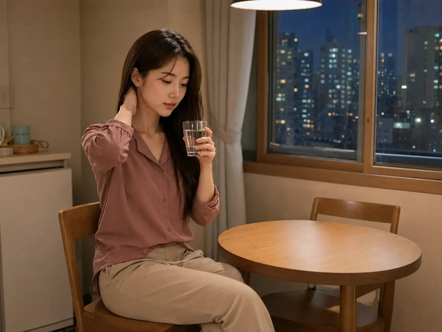 인천 계양 작전동 숙소에서 홈케어를 마친 뒤 물을 마시며 쉬는 로컬 에디터 서윤