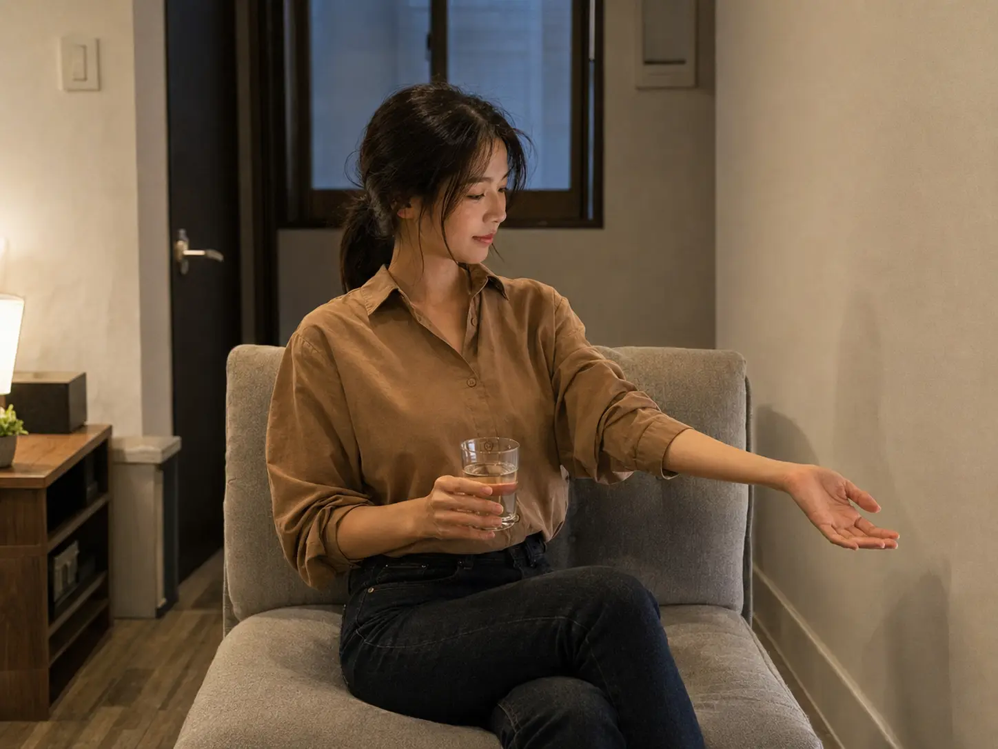 인천 주안 도화동 숙소에서 홈케어를 마친 뒤 물을 마시며 쉬는 로컬 에디터 지우