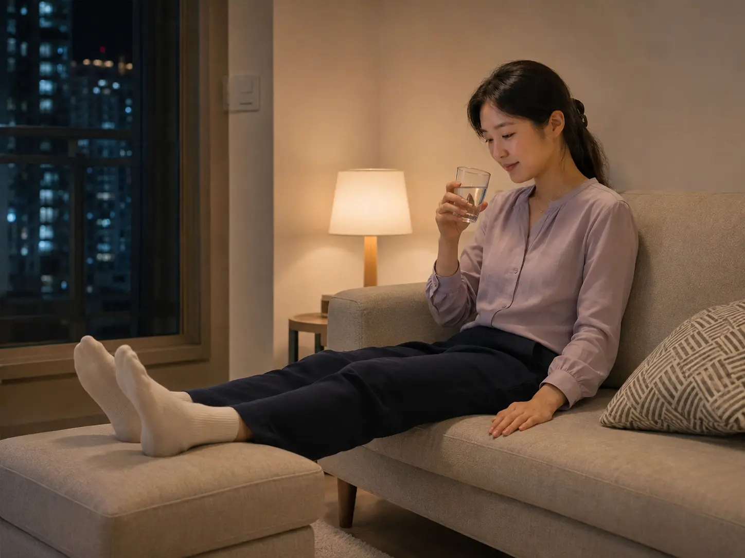인천 논현동 인천논현역 숙소에서 홈케어를 마친 뒤 물을 마시며 쉬는 로컬 에디터 수현