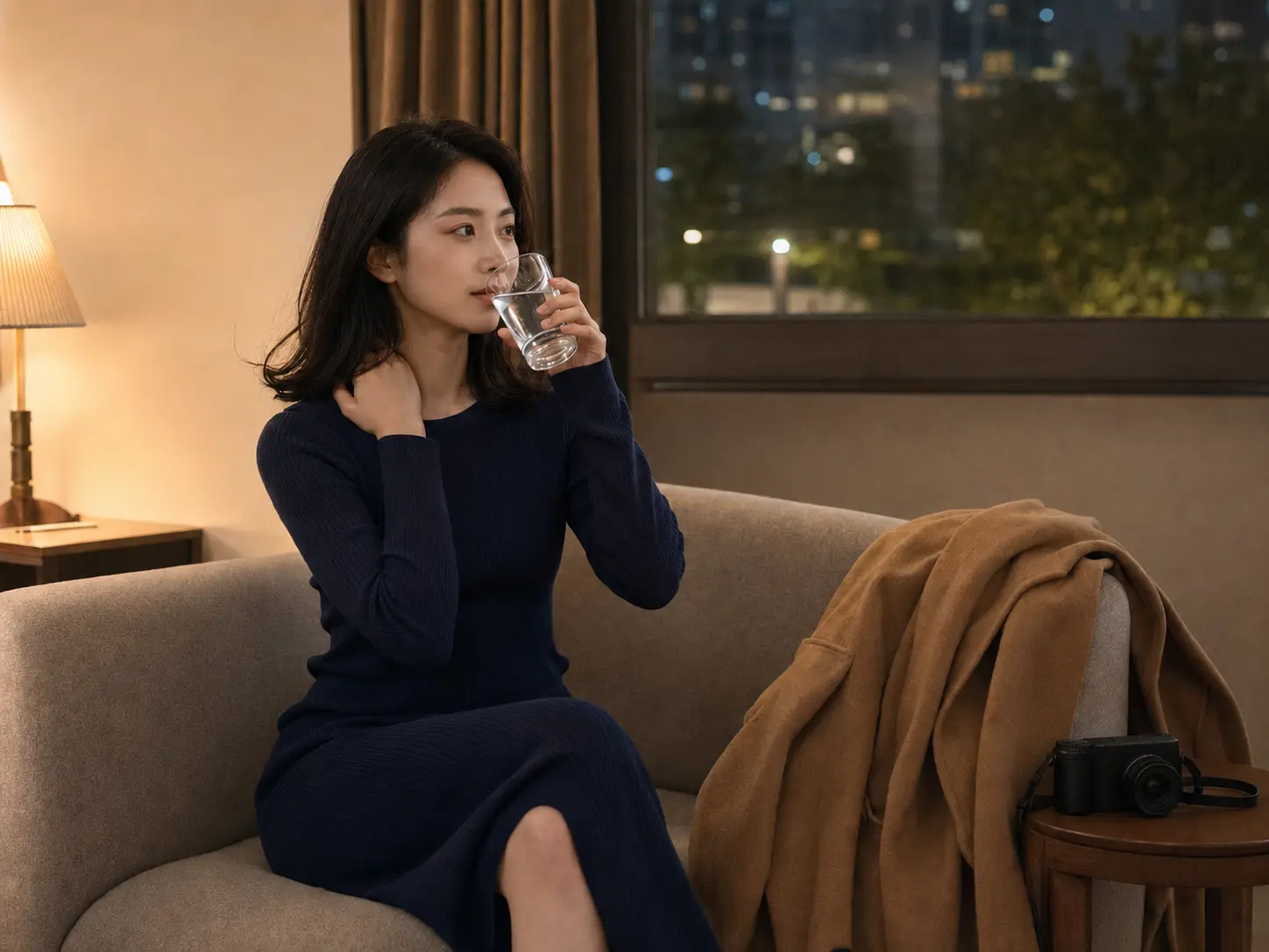 인천 송도 송도1동 숙소에서 홈케어를 마친 뒤 물을 마시며 쉬는 로컬 에디터 서윤
