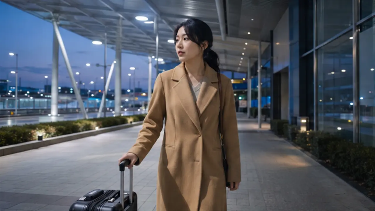 추운 12월 영종도 운서동 공항 호텔 진입로에서 낙타색 울 코트와 작은 여행가방 차림으로 도착하는 30대 로컬 에디터 다연