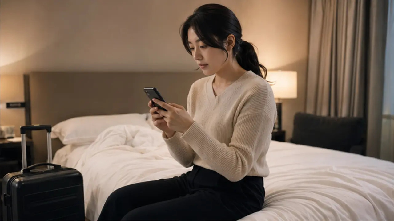 같은 운서동 호텔 객실에서 크림색 니트 차림의 로컬 에디터 다연이 호텔명과 터미널, 준비 시간을 휴대전화로 상담하는 장면