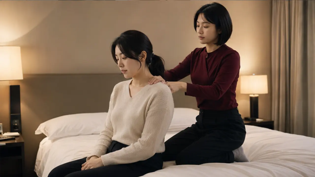 같은 영종도 호텔 객실 침대 가장자리에서 버건디 상의의 여성 테라피스트 유나가 로컬 에디터 다연의 목과 어깨, 등 위쪽을 전문적으로 관리하는 장면