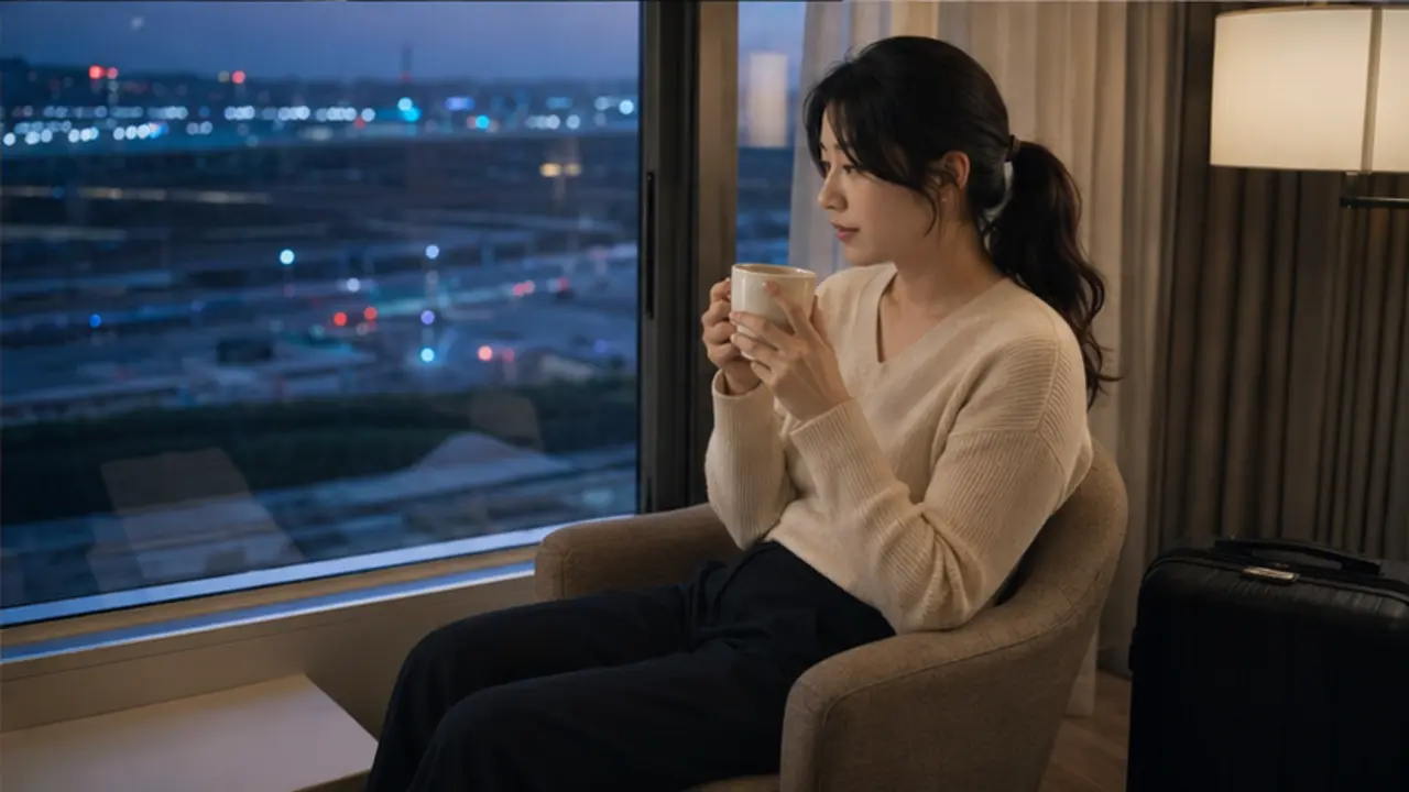 관리를 마친 로컬 에디터 다연이 같은 영종도 호텔 창가에서 닫힌 여행가방 옆에 앉아 따뜻한 차를 마시는 장면