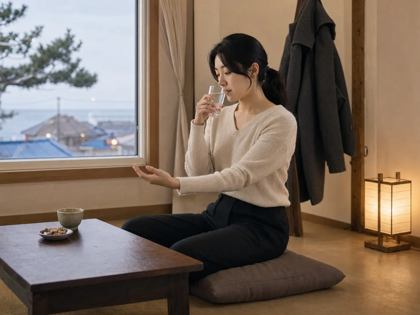 인천 영종도 용유도 숙소에서 홈케어를 마친 뒤 물을 마시며 쉬는 로컬 에디터 도하