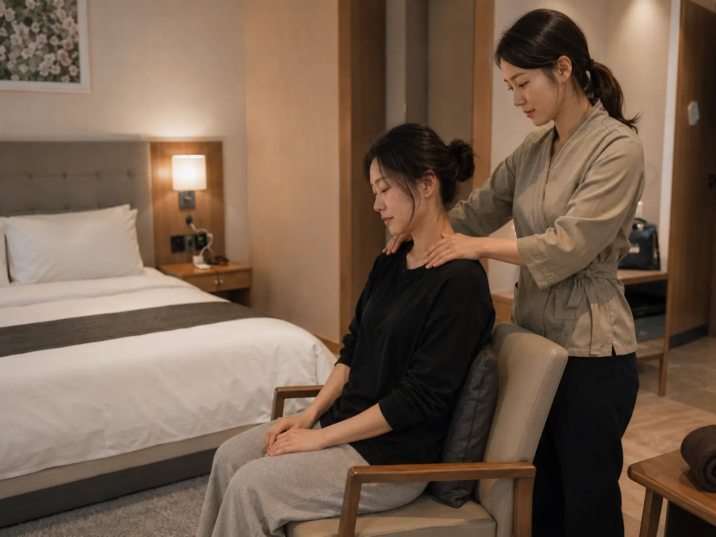 같은 충북 진천 덕산읍 숙소에서 같은 젊은 성인 여성 관리사가 로컬 에디터 지우의 목과 어깨를 부드럽게 관리하는 장면