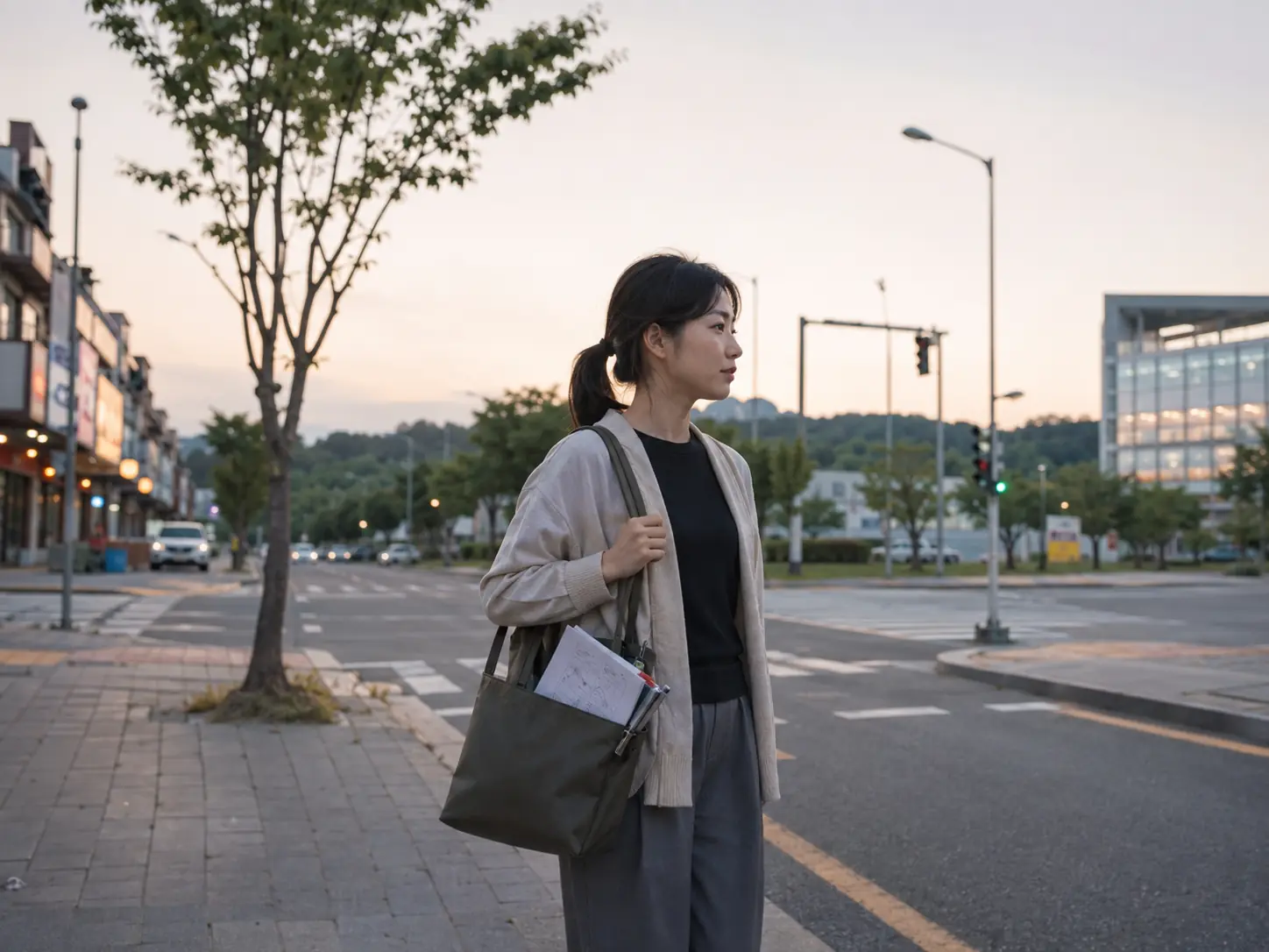 해 질 무렵 충북 진천 진천읍에서 가족과 시간을 보낸 로컬 에디터 지우가 가방을 들고 덕산읍 숙소로 돌아가는 장면