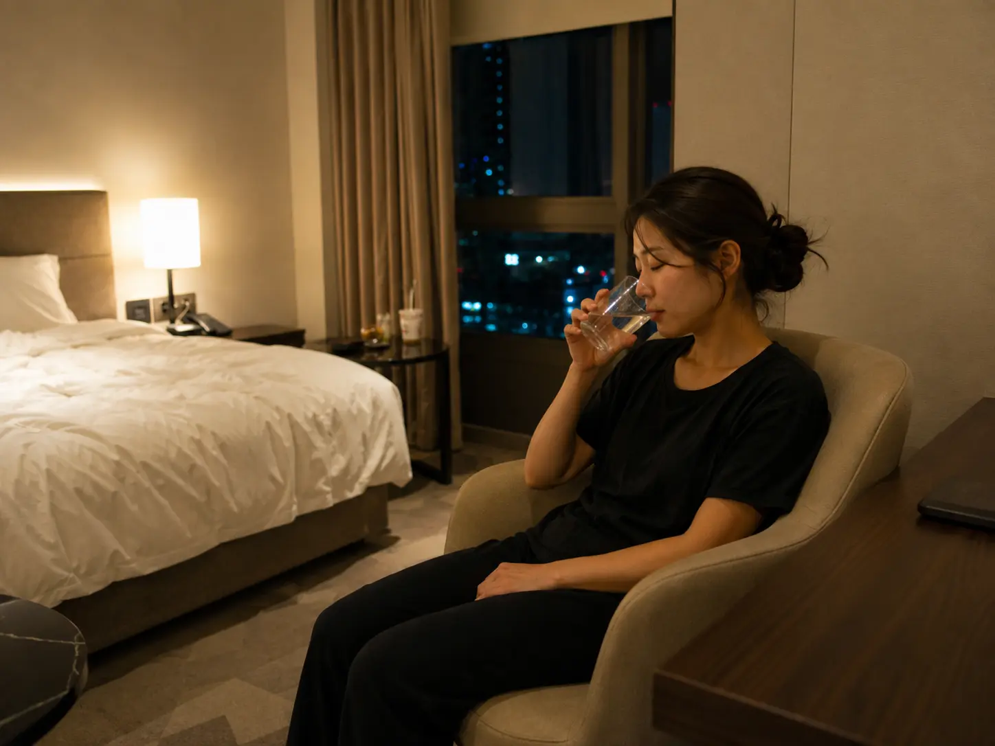 충북 진천 충북혁신도시 숙소에서 홈케어를 마친 로컬 에디터 도하가 물을 마시며 편안하게 쉬는 장면