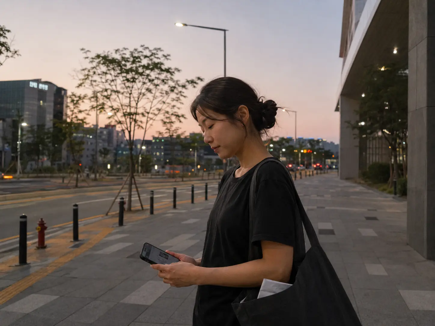 해 질 무렵 충북 진천 광혜원면 일정을 마친 로컬 에디터 도하가 휴대전화를 확인하며 충북혁신도시 숙소로 돌아가는 장면