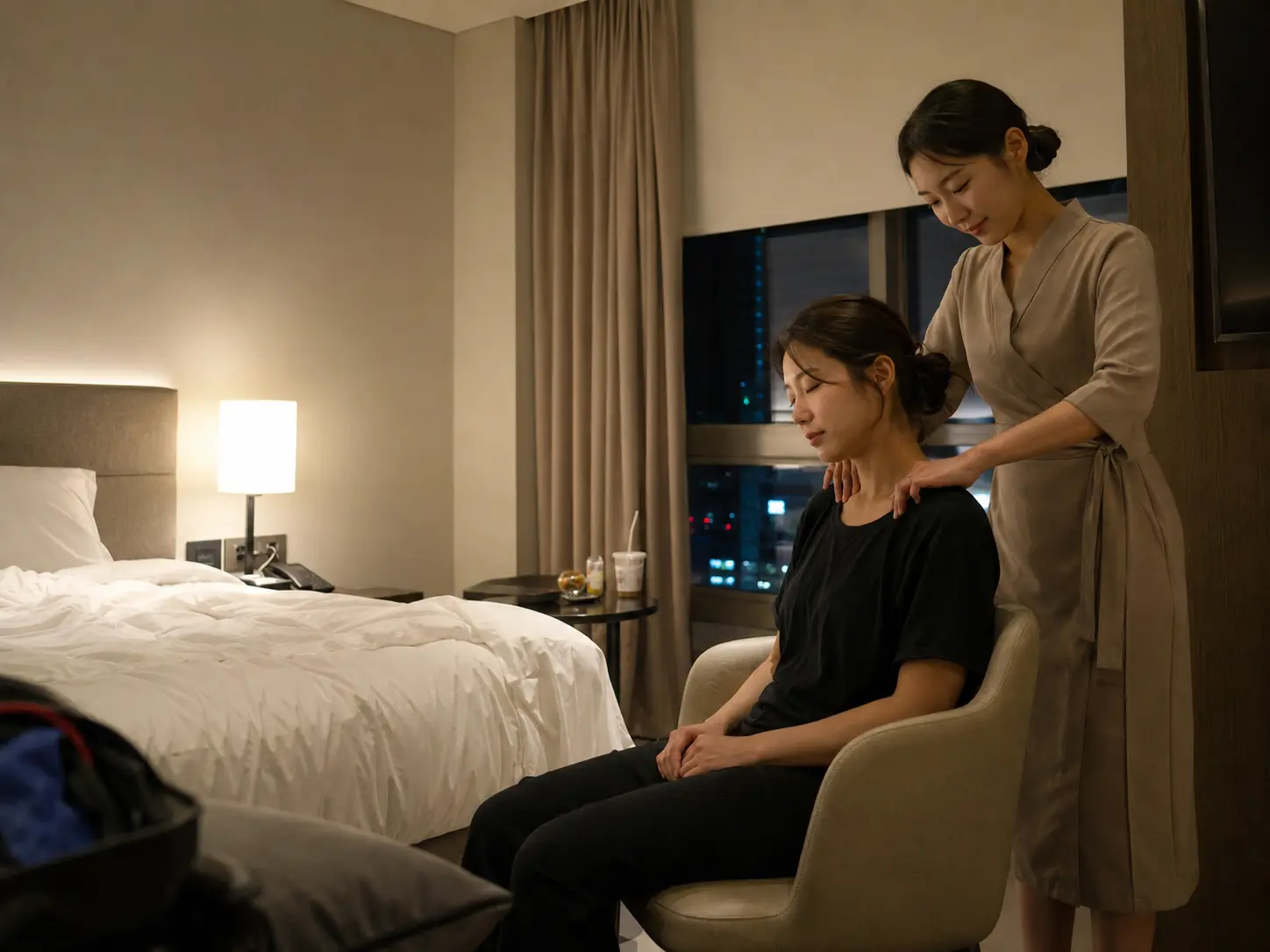 충북 청주의 생활권 분위기와 출장 숙소 이용 상황을 함께 보여 주는 가상 출장마사지 이용후기 장면