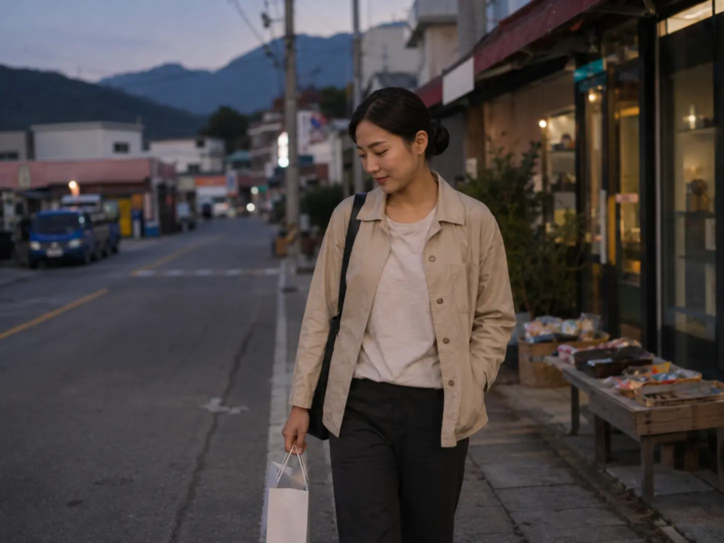해 질 무렵 충북 진천 진천읍에서 로컬 에디터 윤서가 작은 쇼핑백을 들고 문백면 숙소로 돌아가는 장면