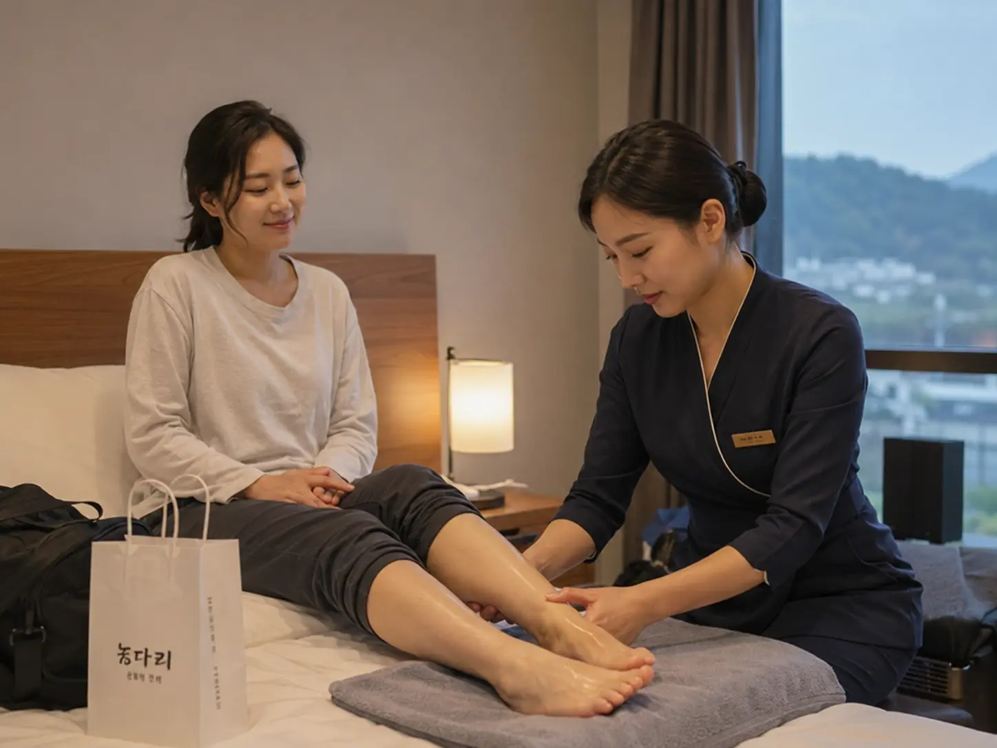 충북 진천 문백면 숙소에서 젊은 성인 여성 관리사가 로컬 에디터 윤서의 종아리와 발목을 양손으로 관리하는 장면