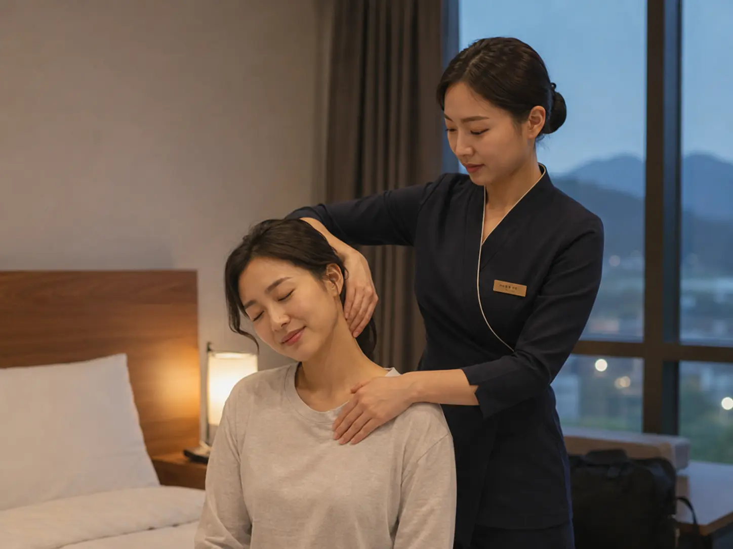 같은 충북 진천 문백면 숙소에서 같은 젊은 성인 여성 관리사가 로컬 에디터 윤서의 목과 어깨를 부드럽게 관리하는 장면
