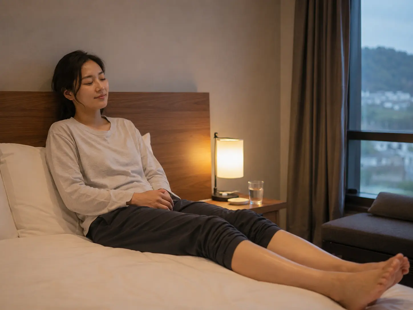 충북 진천 읍의 생활권 분위기와 출장 숙소 이용 상황을 함께 보여 주는 가상 출장마사지 이용후기 장면