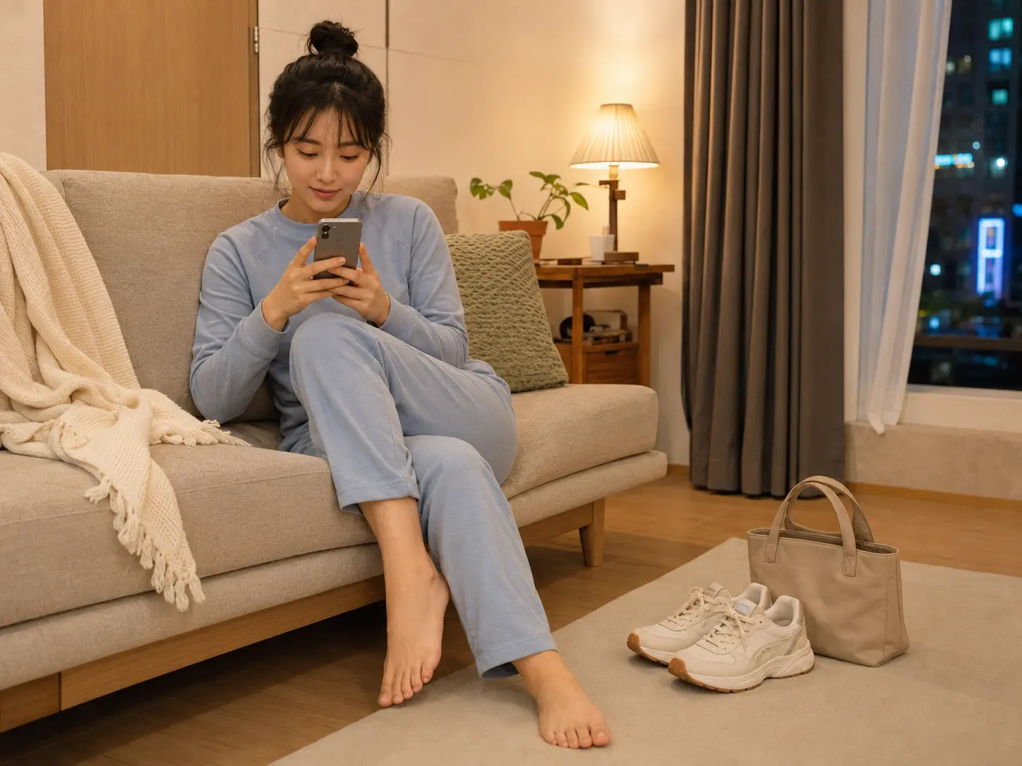같은 남양주 별내동 오피스텔에서 로컬 에디터 서윤이 휴대전화로 별내 주소와 하체 상태, 공동현관 방식을 상담하는 장면