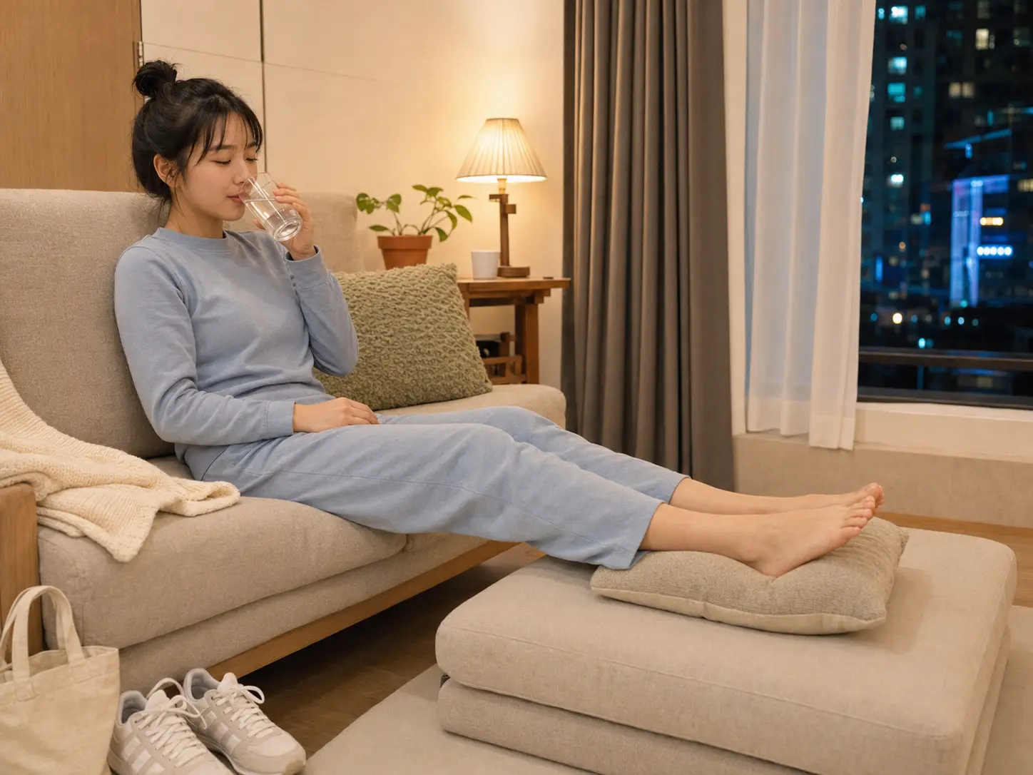 관리를 마친 로컬 에디터 서윤이 남양주 별내동 오피스텔 소파에서 다리를 쿠션에 올리고 쉬는 장면
