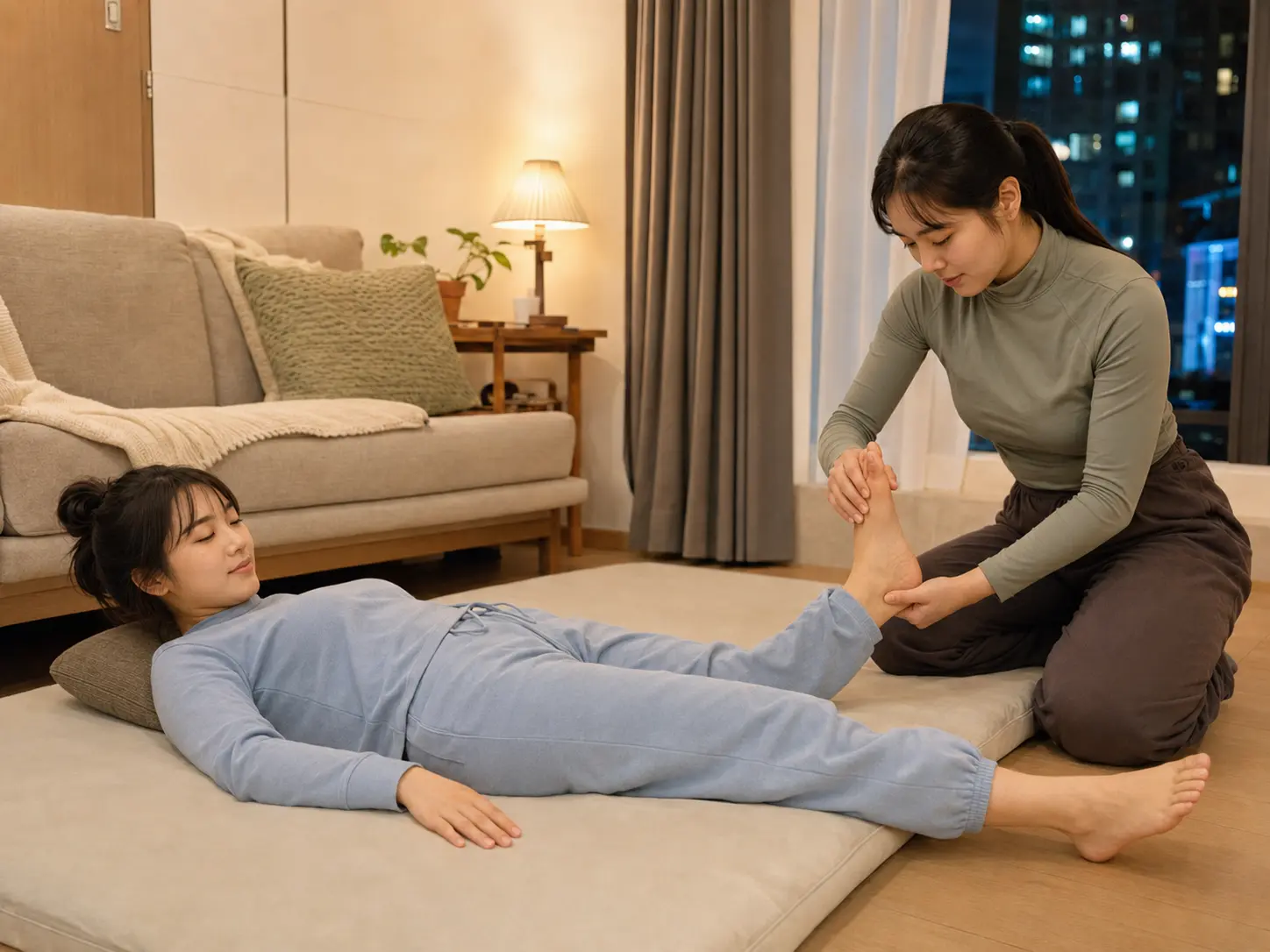 같은 별내동 오피스텔에서 같은 여성 테라피스트 예나가 로컬 에디터 서윤의 발목을 안정적으로 받치고 종아리 보조 스트레칭을 하는 장면