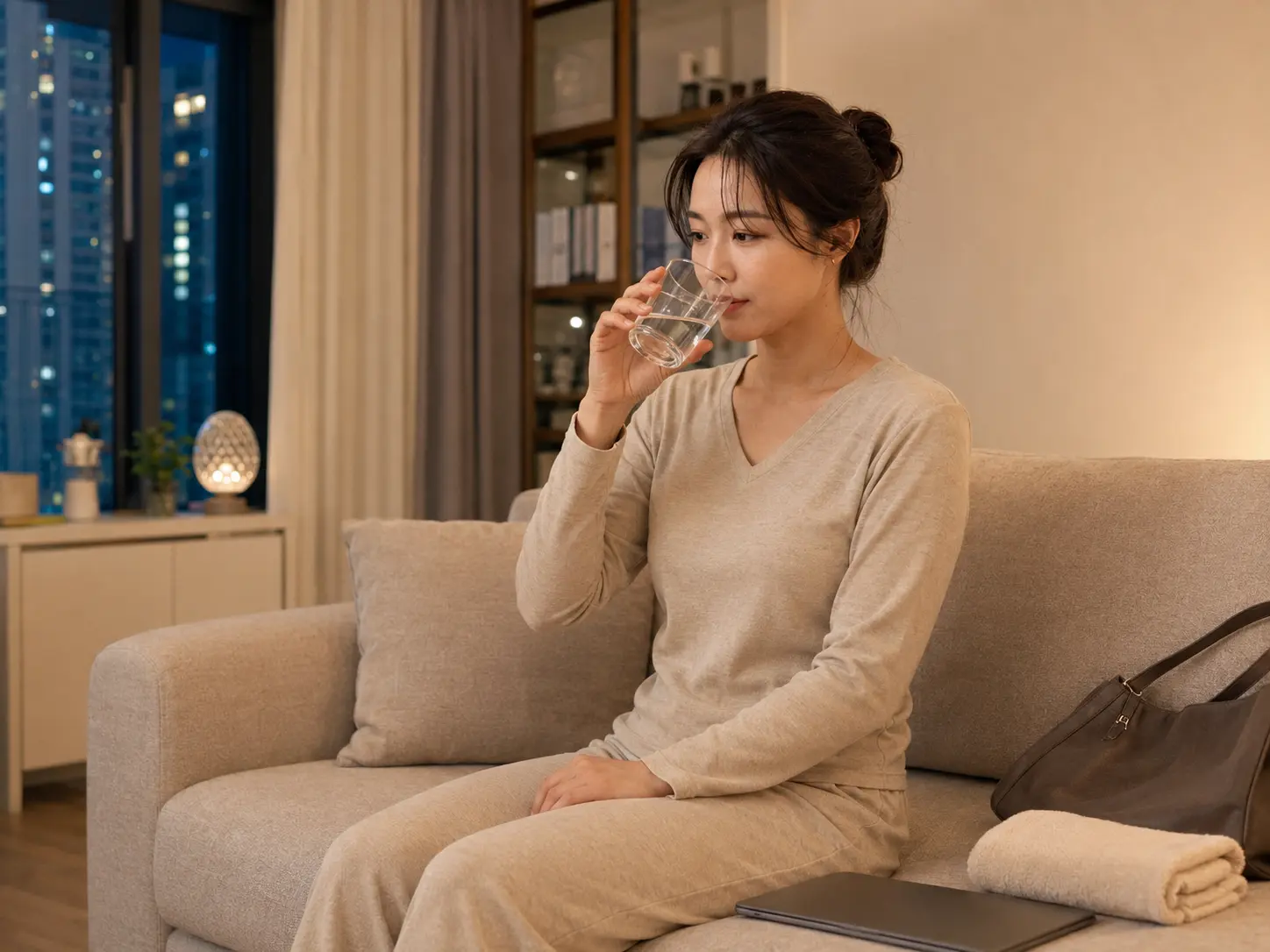 관리를 마친 로컬 에디터 지안이 남양주 다산동 자택 소파에서 물을 마시며 쉬는 장면