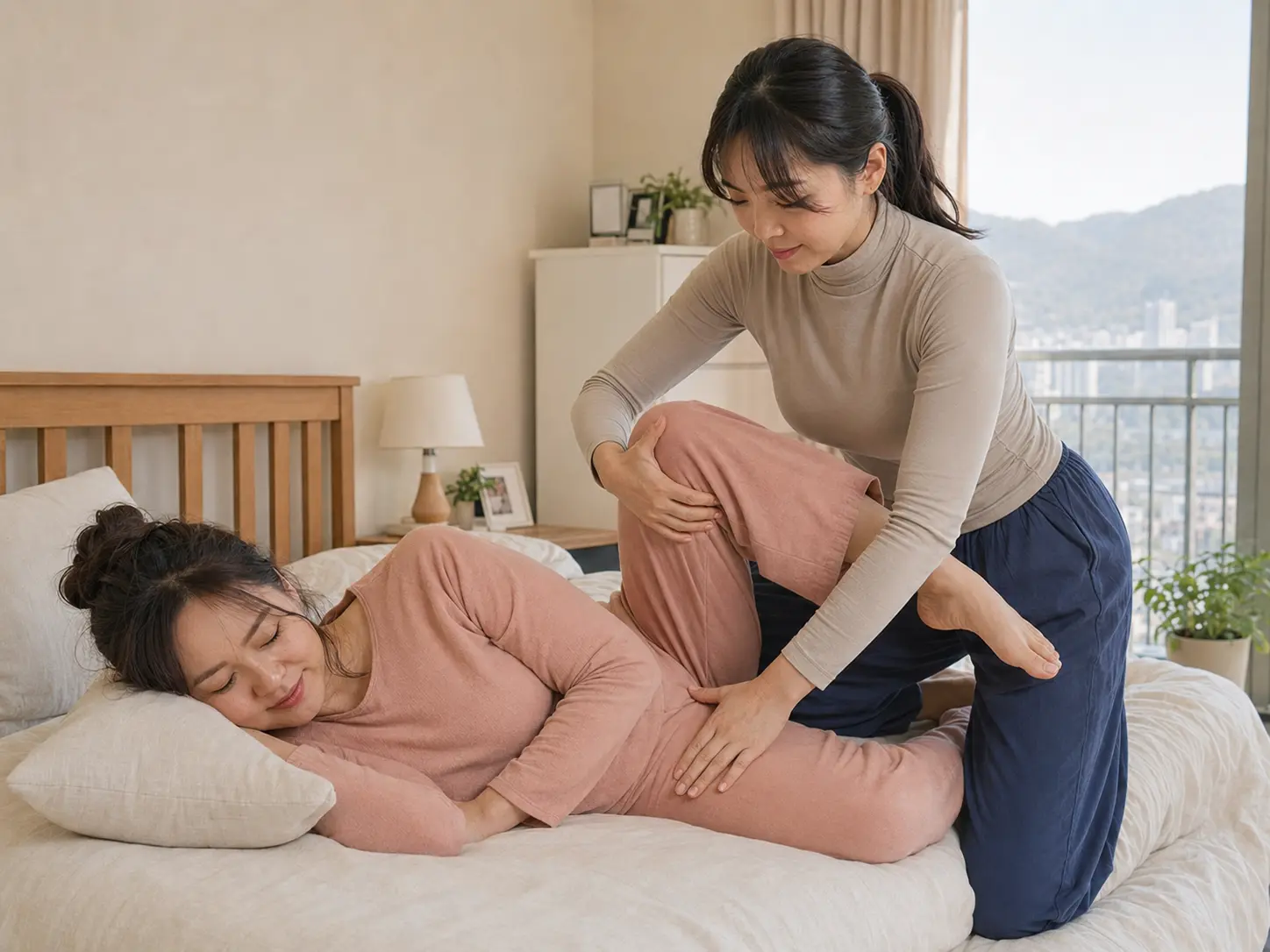 같은 호평동 자택에서 같은 여성 테라피스트 다은이 로컬 에디터 민지의 골반과 다리를 안정적으로 받치며 하체 보조 스트레칭을 하는 장면