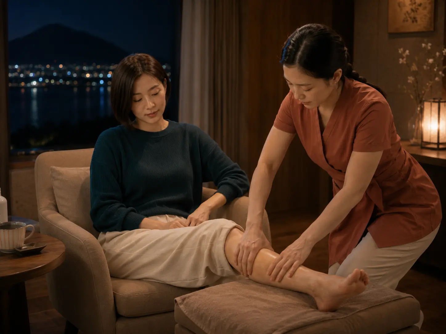 같은 충북 옥천 대청호 숙소에서 같은 젊은 성인 여성 관리사가 로컬 에디터 수현의 종아리와 발목을 관리하는 장면