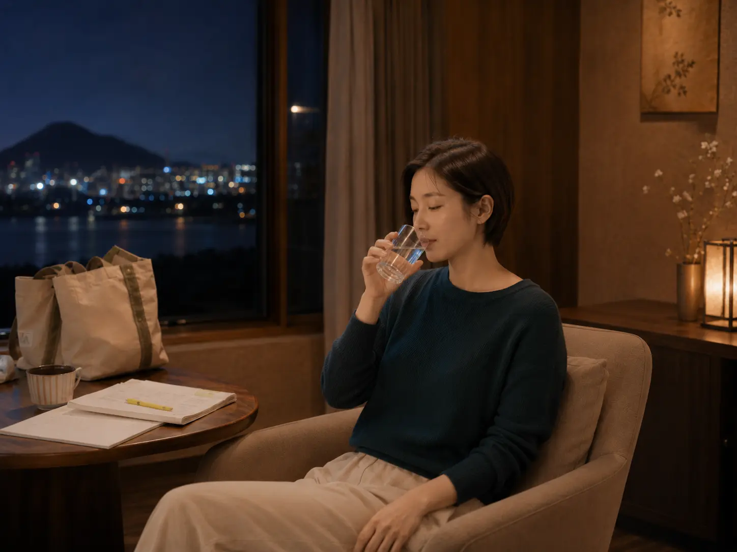 충북 옥천 대청호 숙소에서 홈케어를 마친 로컬 에디터 수현이 물을 마시며 편안하게 쉬는 장면
