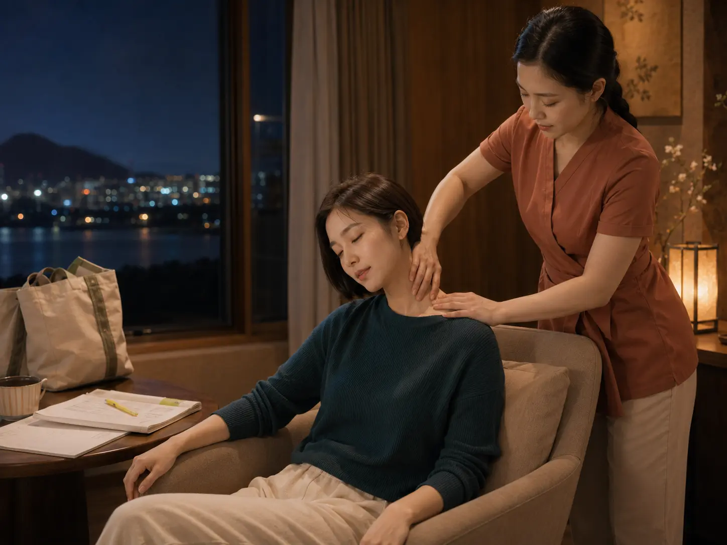 충북 옥천 대청호 숙소에서 젊은 성인 여성 관리사가 로컬 에디터 수현의 목과 어깨를 부드럽게 관리하는 장면
