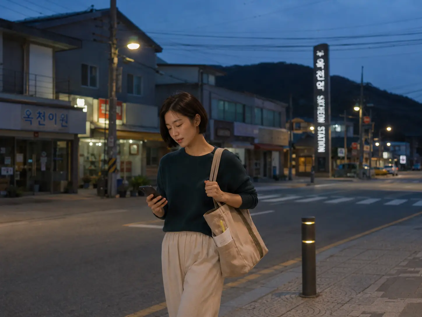 저녁의 충북 옥천읍 거리에서 로컬 에디터 수현이 대청호 숙소 이동 경로를 확인하는 장면