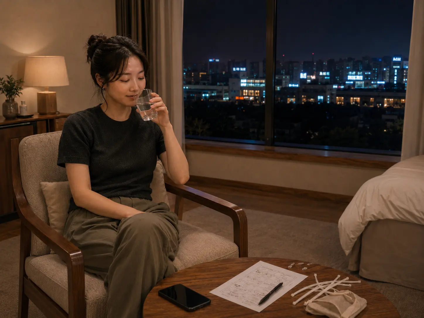 충북 옥천 문정리 숙소에서 홈케어를 마친 로컬 에디터 도하가 물을 마시며 편안하게 쉬는 장면