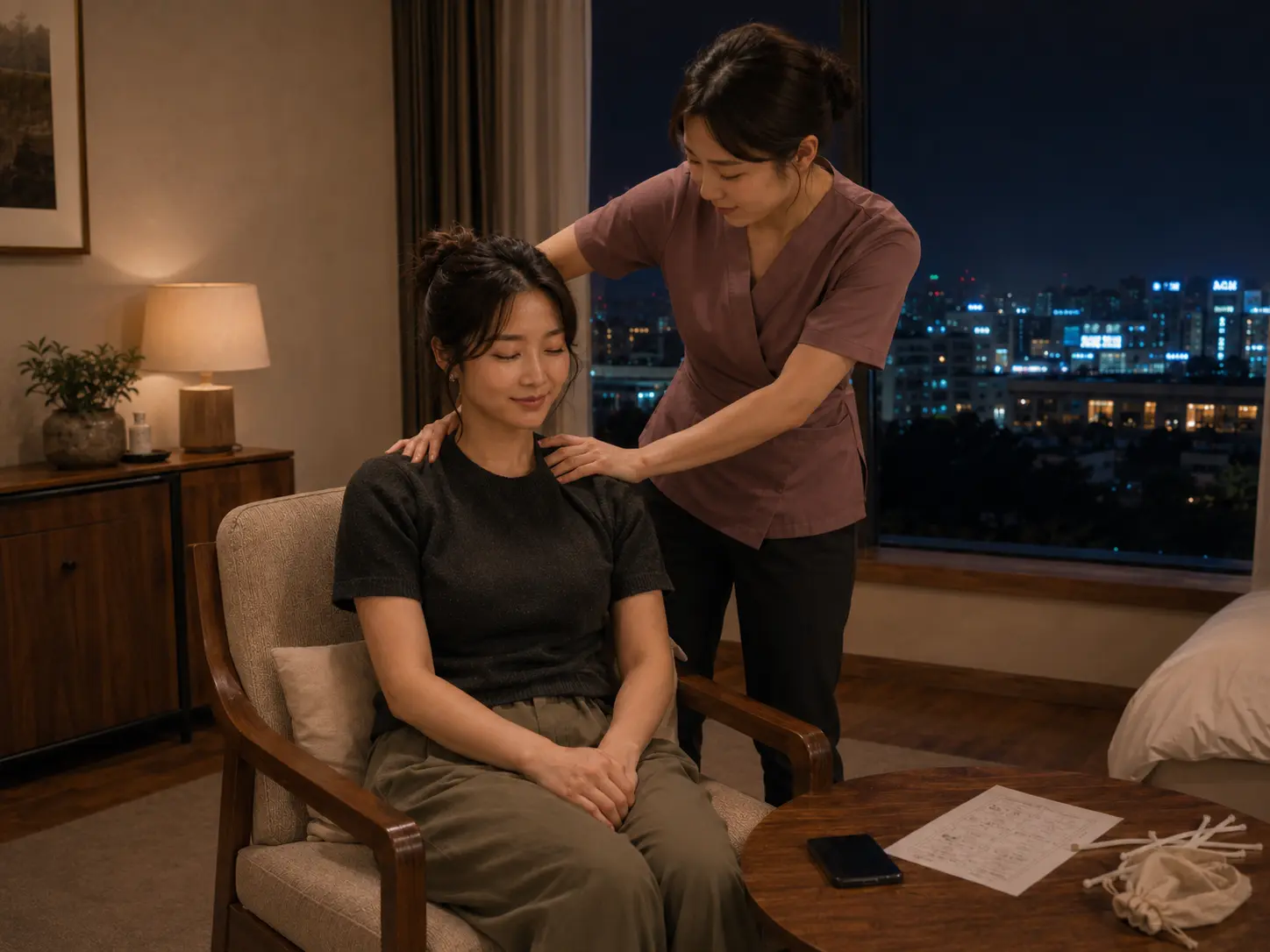 같은 충북 옥천 문정리 숙소에서 같은 젊은 성인 여성 관리사가 로컬 에디터 도하의 목과 어깨를 관리하는 장면