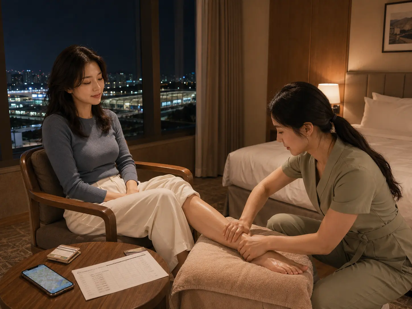 충북 옥천 옥천역 숙소에서 젊은 성인 여성 관리사가 로컬 에디터 윤서의 종아리와 발목을 부드럽게 관리하는 장면