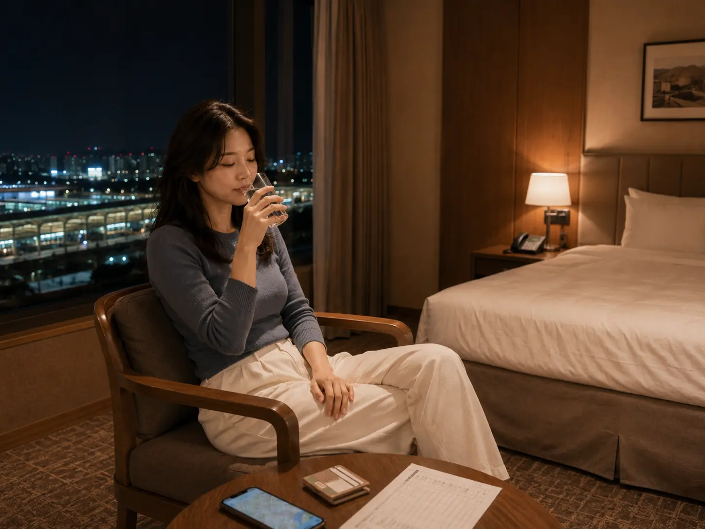 충북 옥천 옥천역 숙소에서 홈케어를 마친 로컬 에디터 윤서가 물을 마시며 편안하게 쉬는 장면