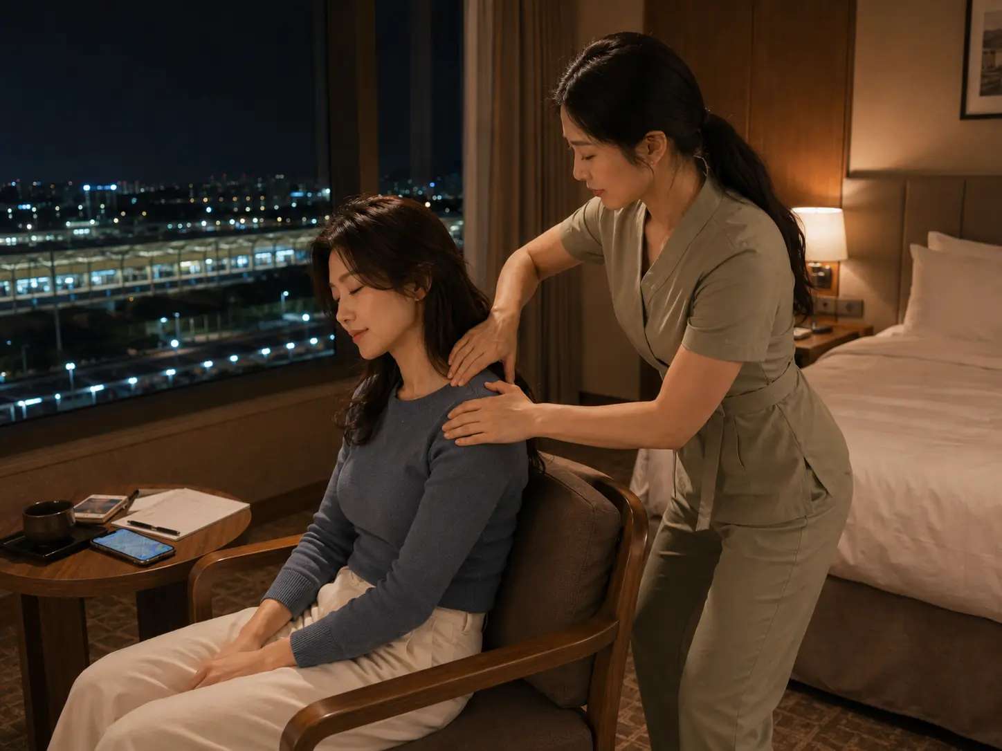 같은 충북 옥천 옥천역 숙소에서 같은 젊은 성인 여성 관리사가 로컬 에디터 윤서의 목과 어깨를 관리하는 장면