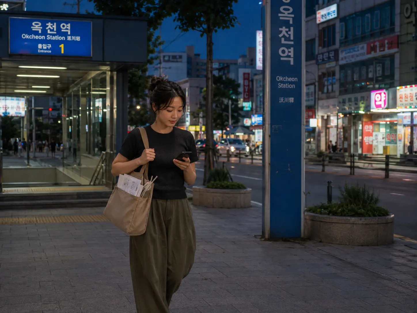 저녁의 충북 옥천역 앞에서 로컬 에디터 도하가 문정리 숙소 이동 경로를 확인하는 장면