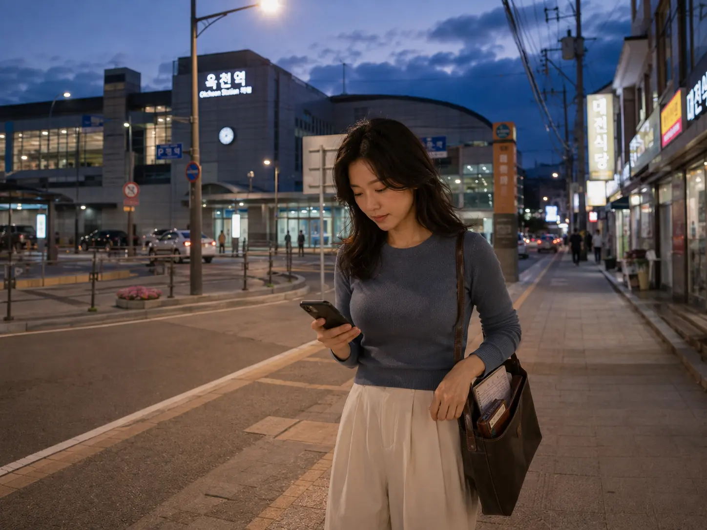 저녁의 충북 옥천역 앞에서 로컬 에디터 윤서가 휴대전화로 숙소 이동 경로를 확인하는 장면