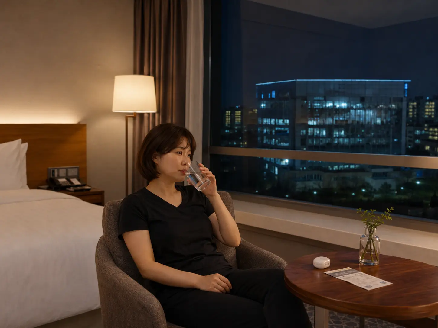 충북 오송 생명과학단지 숙소에서 홈케어를 마친 로컬 에디터 서윤이 물을 마시며 편안하게 쉬는 장면
