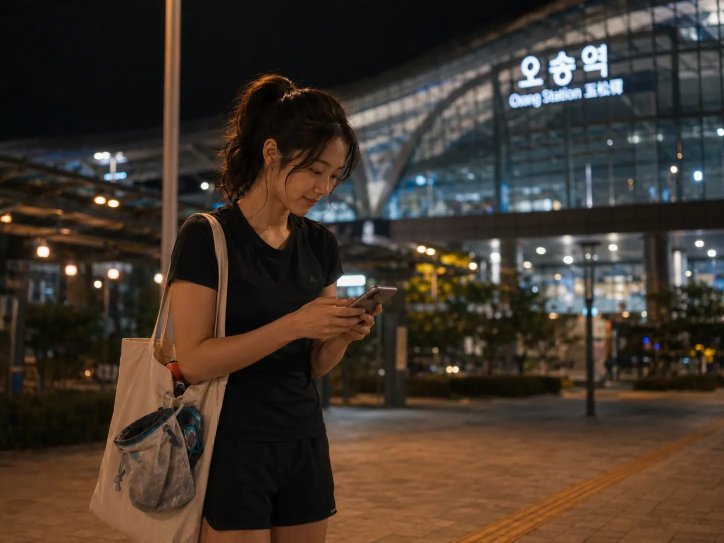 강내면 일정을 마친 로컬 에디터 지안이 밤의 오송역 앞에서 오송읍 숙소 이동 경로를 확인하는 장면