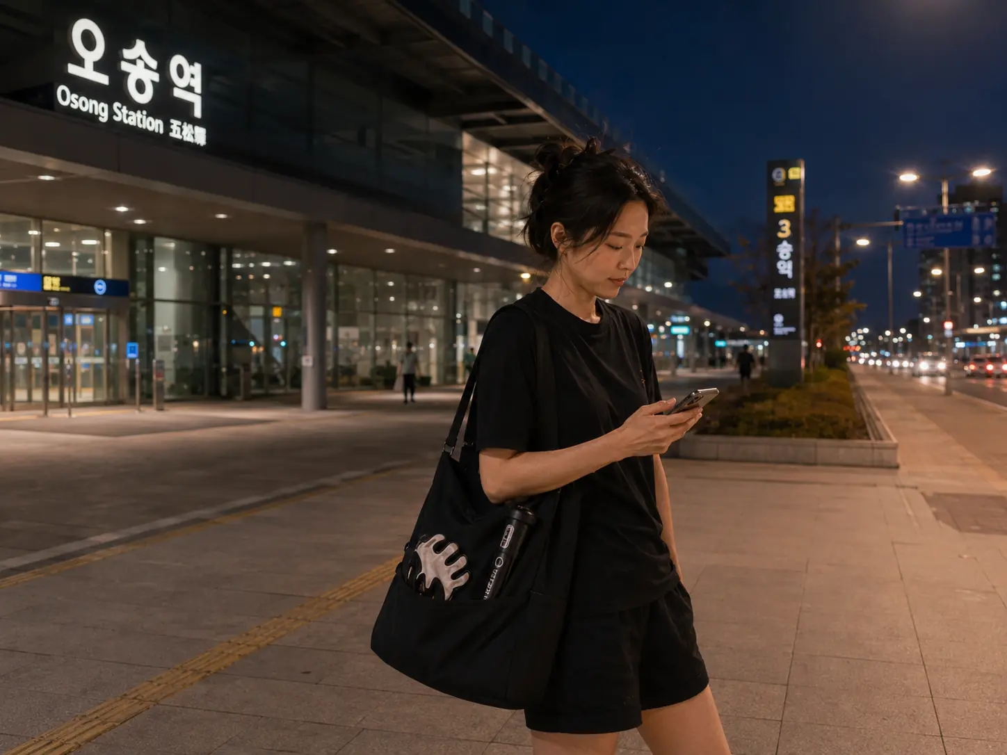 해 질 무렵 오송역 앞에서 로컬 에디터 수현이 휴대전화로 강내면과 봉산리 숙소 이동 경로를 확인하는 장면