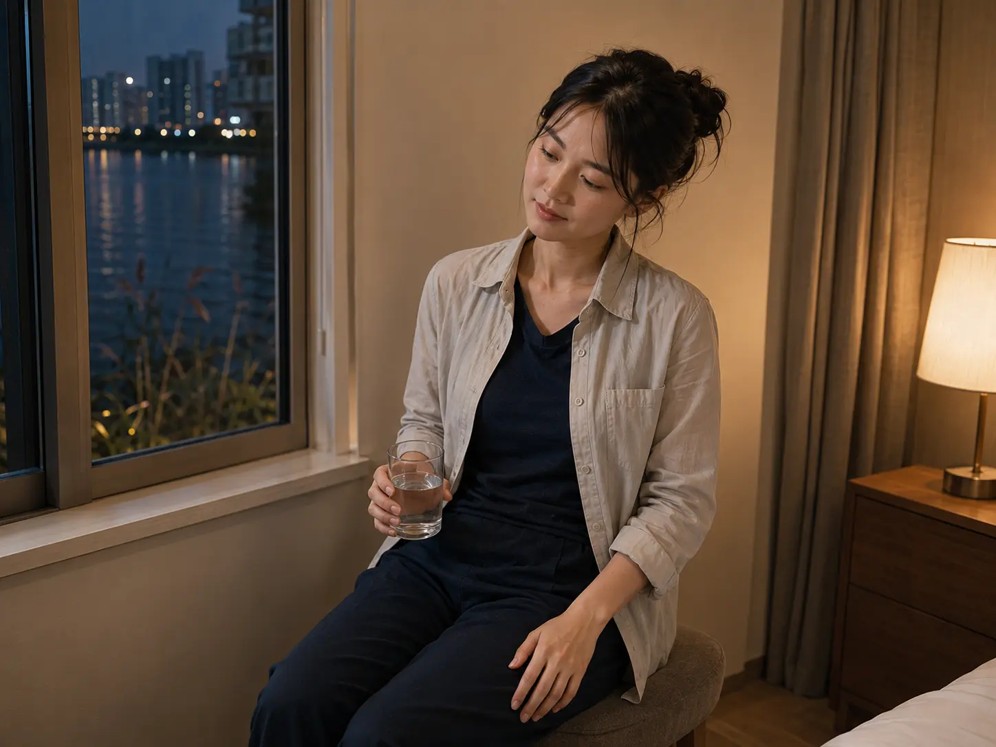 세종 보람동 금강수변 숙소에서 홈케어를 마친 뒤 물을 마시며 쉬는 로컬 에디터 도하