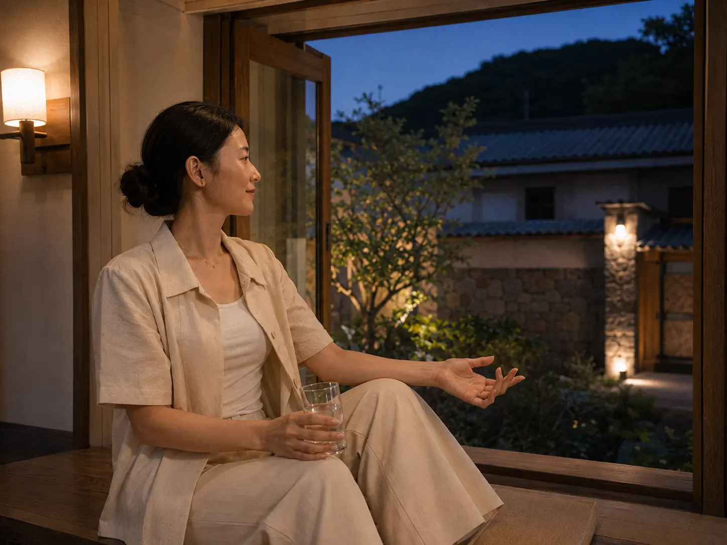 세종 대평동 금남면 경계 숙소에서 홈케어를 마친 뒤 물을 마시며 쉬는 로컬 에디터 지안