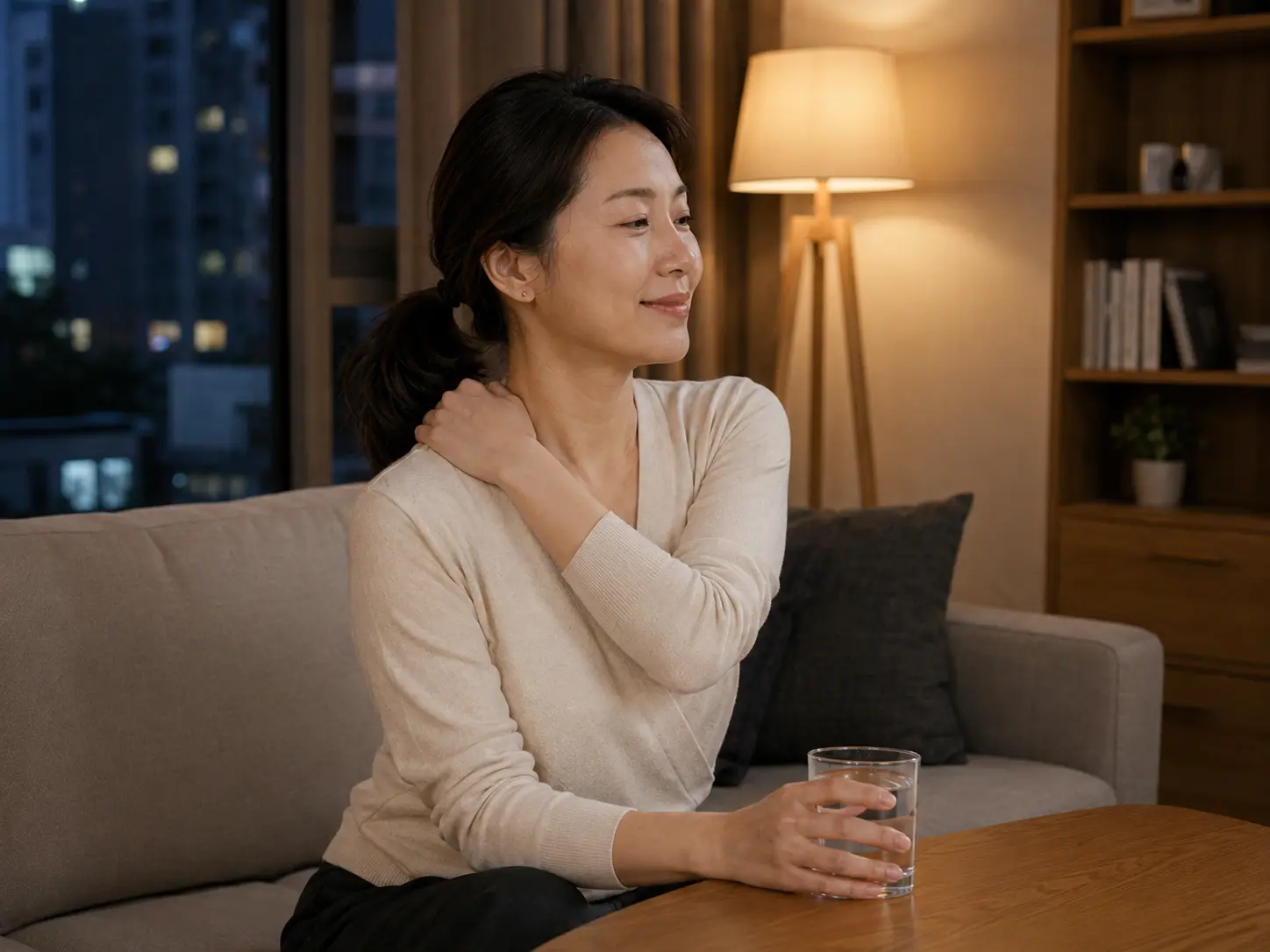 세종 도담동 도담마을 숙소에서 홈케어를 마친 뒤 물을 마시며 쉬는 로컬 에디터 서윤