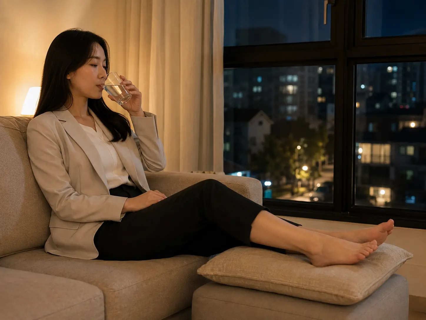 세종 도담동 도램마을 숙소에서 홈케어를 마친 뒤 물을 마시며 쉬는 로컬 에디터 수현