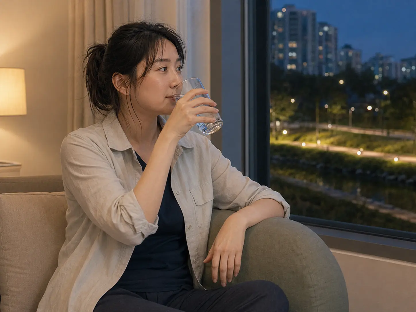 세종 도담동 방축천 숙소에서 홈케어를 마친 뒤 물을 마시며 쉬는 로컬 에디터 도하