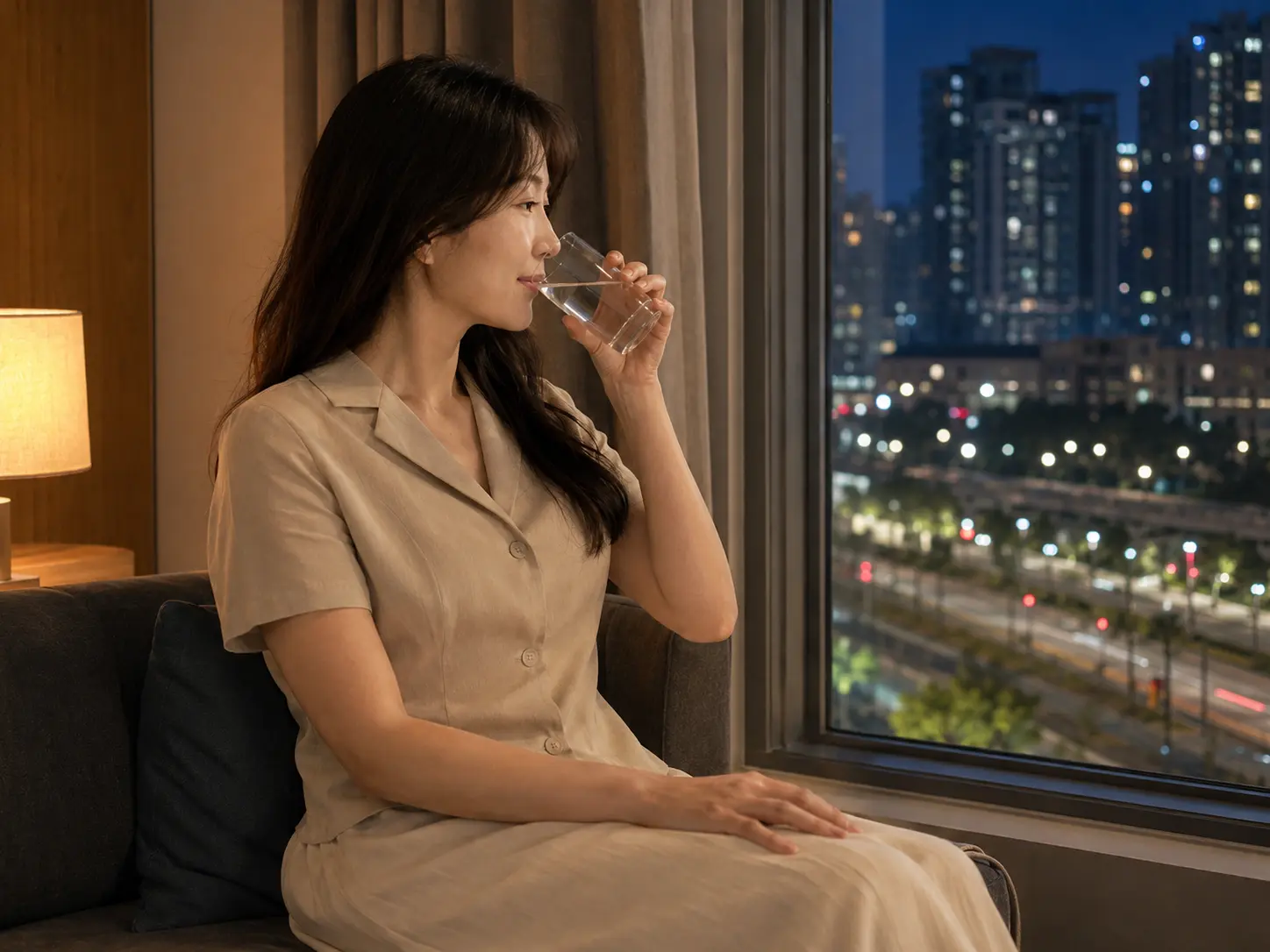 세종 어진동 도램마을 숙소에서 홈케어를 마친 뒤 물을 마시며 쉬는 로컬 에디터 윤서