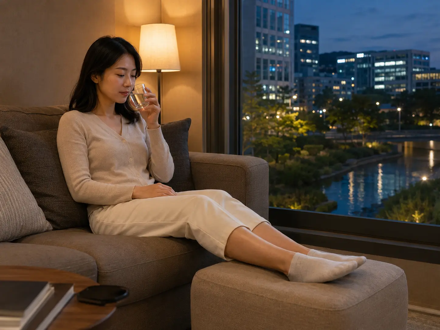세종 어진동 어진동 숙소에서 홈케어를 마친 뒤 물을 마시며 쉬는 로컬 에디터 하람