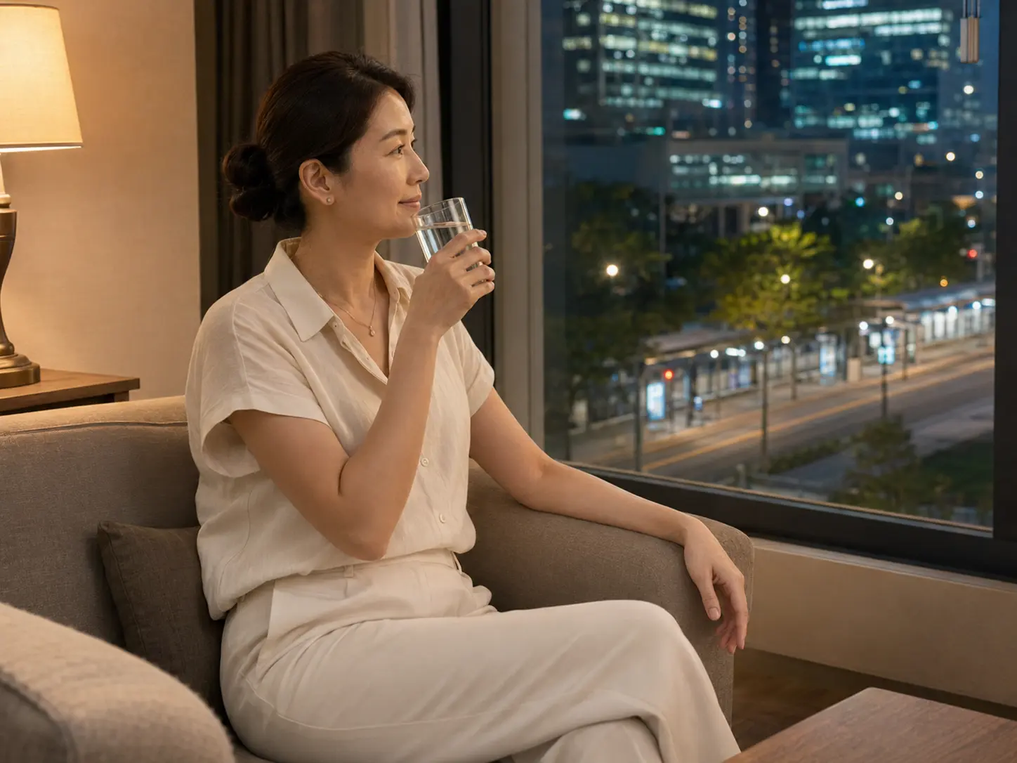 세종 어진동 국무조정실 숙소에서 홈케어를 마친 뒤 물을 마시며 쉬는 로컬 에디터 지우